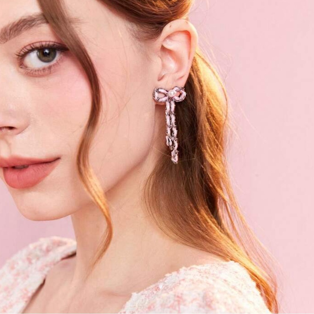 2/$30🌵 Silver Pink Ribbon Faux Pearl Bow Earrings Lolita Gift Jewelry NEW